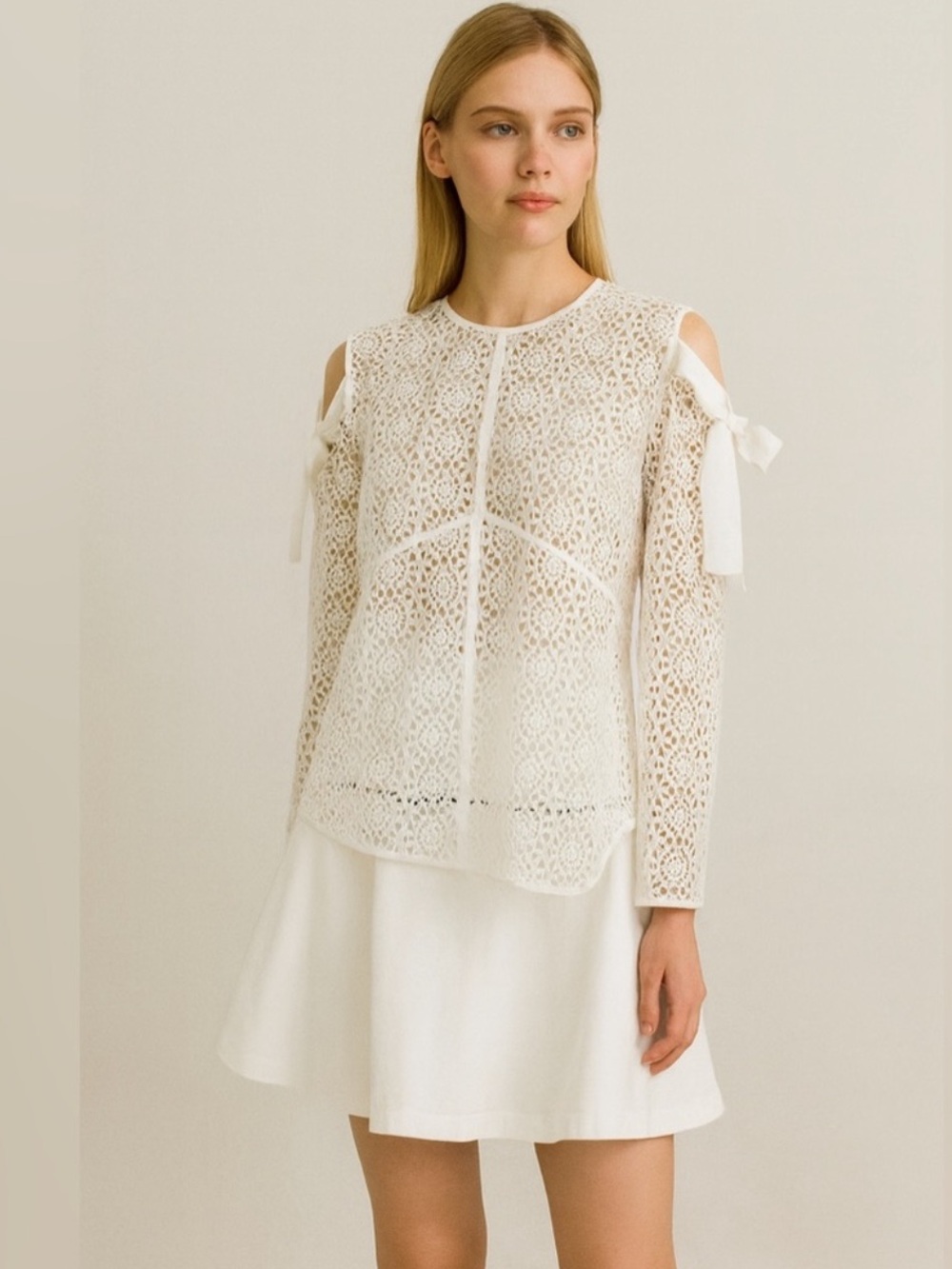 Sandro Paris White Eyelet Cold Shoulder Bow Top